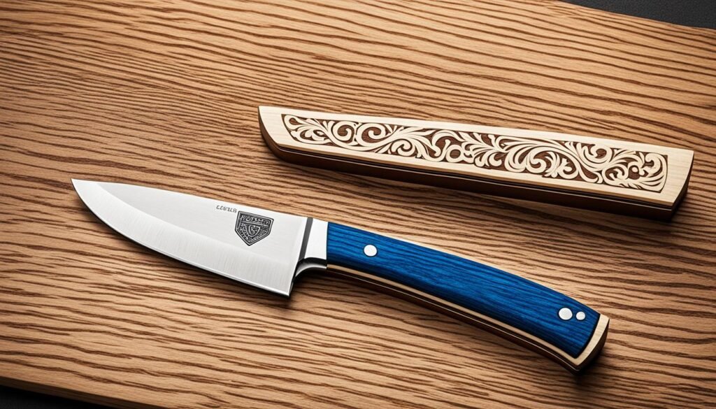 couteau bois avec incrustations en ivoire de mammouth et liseré bleu en fibre vulcanisée
